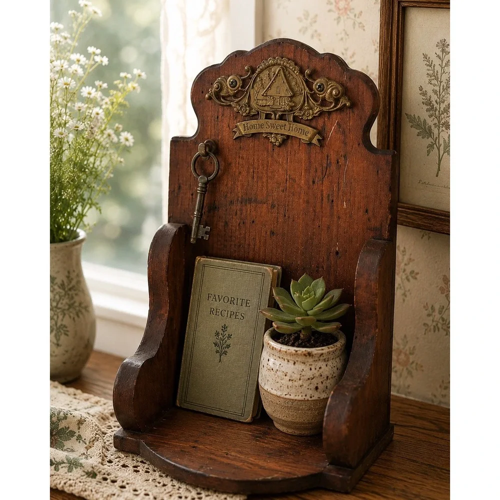 Vintage Home Sweet Home Wooden Wall Shelf Rustic Cottage Decor Brass Cook Book
